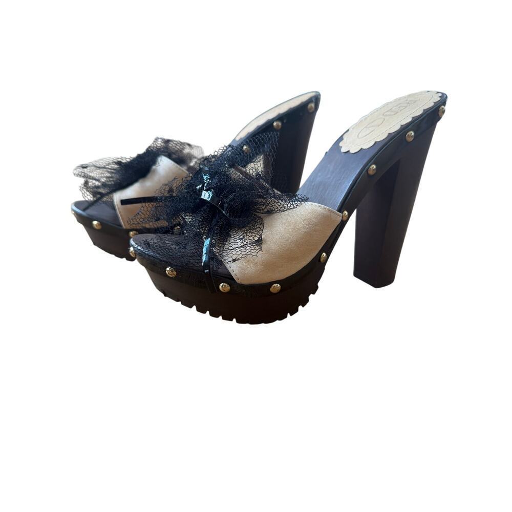 RED Valentino Garavani Wood, Leather, Mesh, Lace, stiletto mules black tan gold - Picture 7 of 8